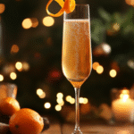 A tall champagne flute with golden-orange sparkling cocktail, garnished with a thin orange twist, set on a polished wood bar with soft warm lighting.