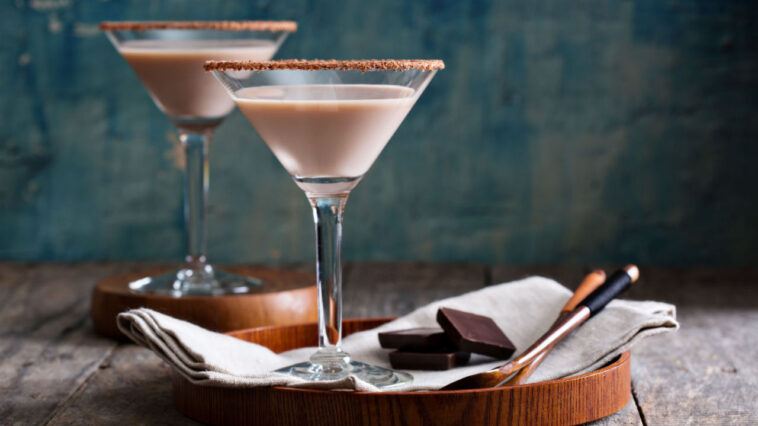 chocolate martini on a tray with pieces of chocolate
