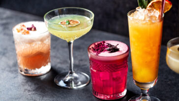 different drinks in different types of cocktail glasses