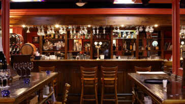 empty hotel bar with lot of drinks
