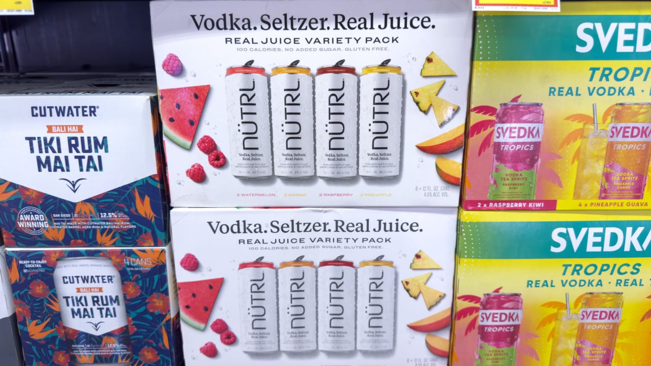 A view of several cases of Nutrl vodka seltzer drink, on display at a local grocery store.