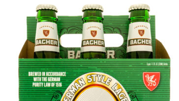 A six pack of Bacher beer on an isolated background