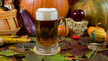 oktoberfest lager beer mug with fall seasonal decoration