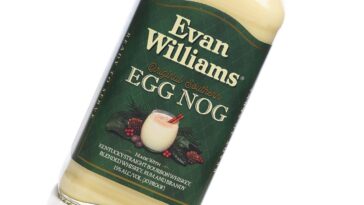 A bottle of Evan Williams Original Southern Egg Nog, with Kentucky Bourbon, Rum and Brandy.