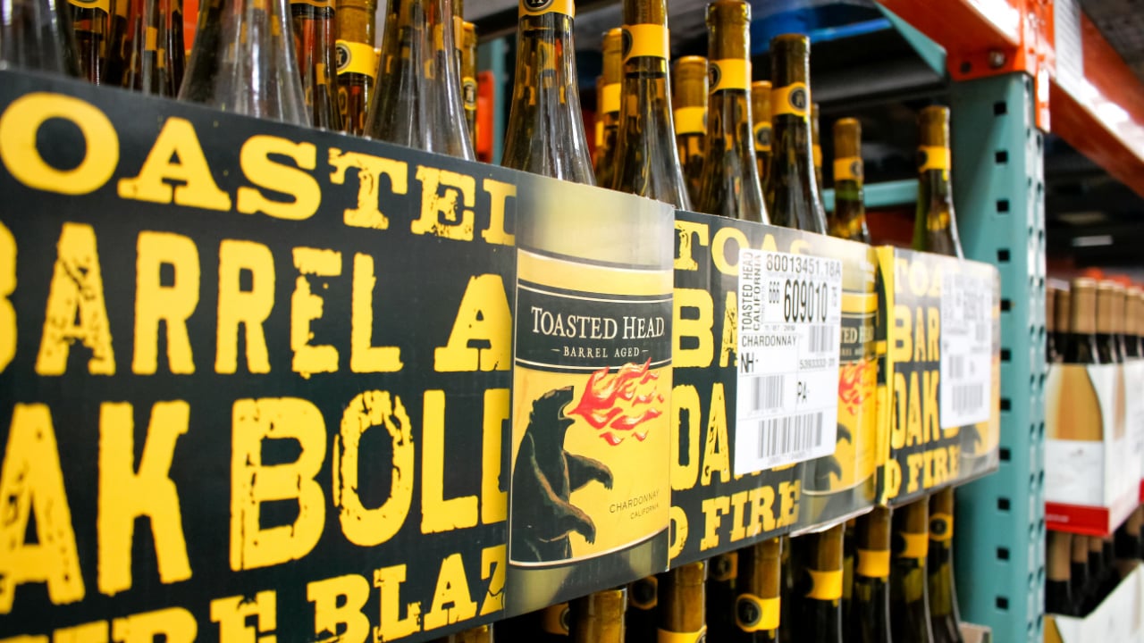 A view of several bottle cases of Toasted Head chardonnay wine, on display at a local big box grocery store.