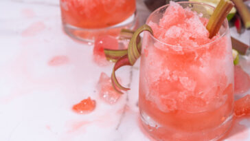 Refreshing summer rhubarb sour fizz cocktail