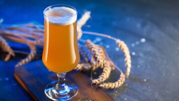 Craft beer, new england style ipa in a glass, blue backlight
