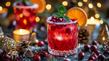A vibrant cranberry cocktail with orange slice and mint, surrounded by festive lights, pinecones, candles, and Christmas decor on a holiday table.