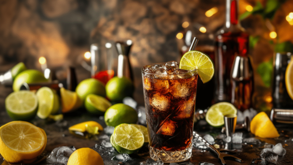 A classic Cuba Libre cocktail with rum, Coca-Cola, and lime wedge, served over ice in a tall glass, surrounded by lime slices and bar tools.
