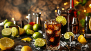 A classic Cuba Libre cocktail with rum, Coca-Cola, and lime wedge, served over ice in a tall glass, surrounded by lime slices and bar tools.