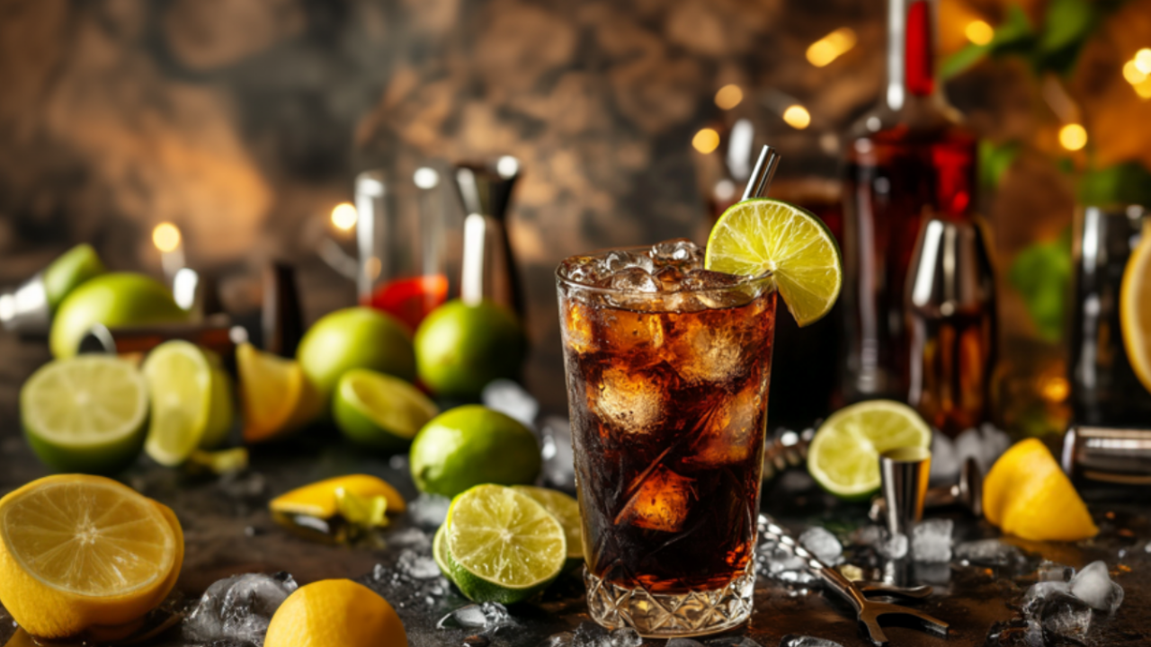 A classic Cuba Libre cocktail with rum, Coca-Cola, and lime wedge, served over ice in a tall glass, surrounded by lime slices and bar tools.