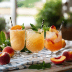 three different peach puree cocktails on a table during summer