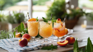 three different peach puree cocktails on a table during summer