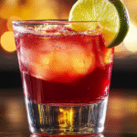 A Woo Woo Shot with peach schnapps, vodka, and cranberry juice, garnished with lime, set against a vibrant, lively bar scene.