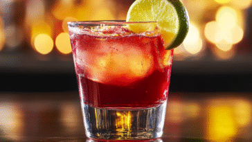 A Woo Woo Shot with peach schnapps, vodka, and cranberry juice, garnished with lime, set against a vibrant, lively bar scene.