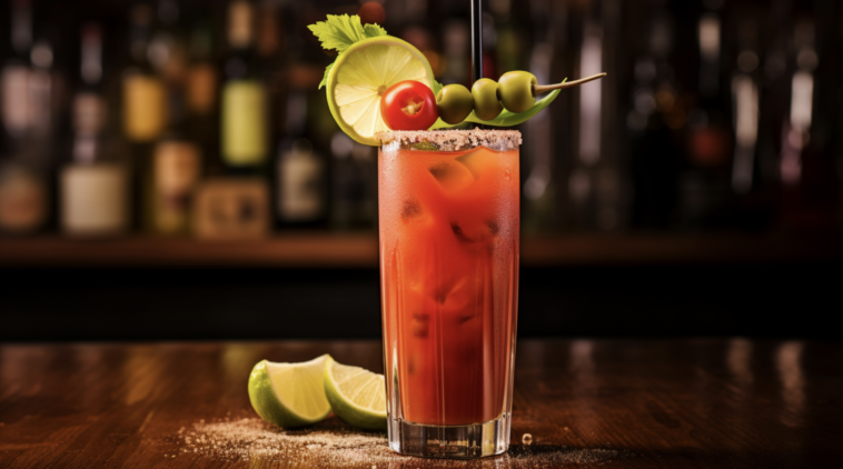image of a Bloody Maria cocktail. The drink is in a tall glass, filled with a rich, red tomato-based mix and a generous amount of ice. The glass is garnished with a celery stick, a lemon wedge, and a green olive on a skewer. The cocktail is showcased on a bar counter with a background that suggests a cozy, inviting bar atmosphere. There's a slight condensation on the outside of the glass, indicating the drink is chilled. The lighting is warm and welcoming, highlighting the vibrant color and garnishes of the Bloody Maria.