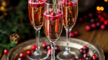 Christmas champagne cocktails served in champagne flutes, garnished with cranberries and rosemary sprigs on a silver tray with scattered berries.