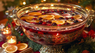 A festive glass punch bowl filled with cranberry and orange slices, surrounded by candles, pine, and cinnamon—perfect for a cozy Christmas gathering.