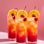 Three Tequila Sunrise cocktails in tall glasses with vibrant orange-red layers, garnished with orange slices and cherries, set against a pink backdrop.