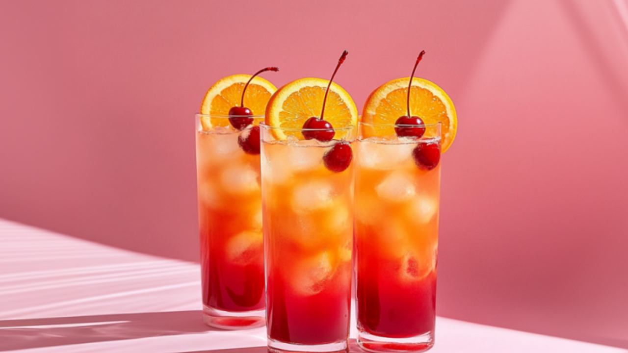 Three Tequila Sunrise cocktails in tall glasses with vibrant orange-red layers, garnished with orange slices and cherries, set against a pink backdrop.