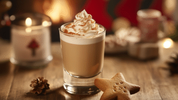 A festive holiday shot topped with whipped cream and cinnamon, served beside a star-shaped cookie on a cozy wooden table with warm candlelight ambiance.