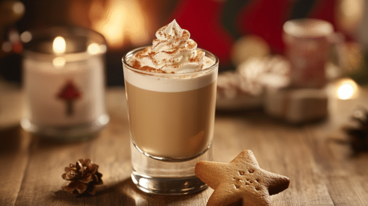 A festive holiday shot topped with whipped cream and cinnamon, served beside a star-shaped cookie on a cozy wooden table with warm candlelight ambiance.