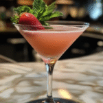 A strawberry vodka cocktail in a martini glass, garnished with mint and a fresh berry, sits on a glossy bar in a chic, modern setting.