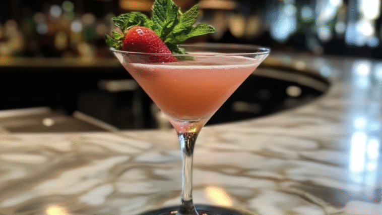 A strawberry vodka cocktail in a martini glass, garnished with mint and a fresh berry, sits on a glossy bar in a chic, modern setting.