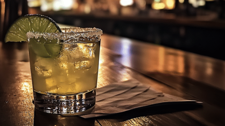 Top 11 Tequila Shots to Try 1 Salt-rimmed tequila cocktail with lime wedge on ice served in a short glass, resting on a napkin atop a rustic wooden bar in dim, cozy lighting.