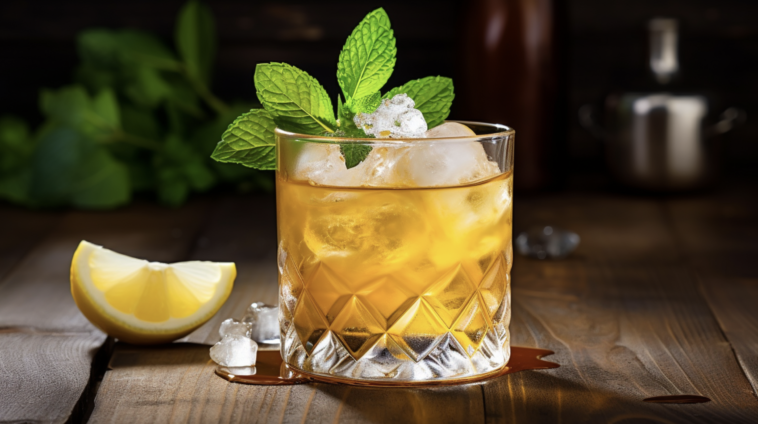Whiskey Smash 1 image showcasing a Whiskey Smash cocktail. The scene is set on a rustic wooden bar top, highlighting the drink's rich amber color contrasted against the fresh green of the mint leaves garnishing the top. The cocktail is served in an old-fashioned glass, filled with crushed ice, and the vibrant yellow of the lemon pieces is visible through the glass. Soft, warm lighting casts a cozy atmosphere, inviting the viewer to taste the drink. The background features subtle hints of a classic bar setting, with a few whiskey bottles and a shaker partially visible, enhancing the cocktail's appeal.