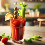A popular brunch cocktail, a classic Bloody Mary, served in a tall glass. It's garnished with a celery stick, an olive, and a slice of lemon, highlighting its savory and refreshing nature. The cocktail's rich red color and the assortment of garnishes make it visually striking. It's placed on a light wooden table, and the background features a soft-focus, cozy brunch setting with warm, natural light, creating a relaxed and inviting atmosphere.