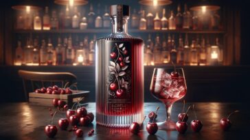 A bottle of cherry-flavored rum. The bottle is elegantly designed with a sleek, clear glass structure, allowing the rich, deep red color of the cherry-flavored rum to be visible. The label on the bottle is sophisticated, featuring elegant script and cherry illustrations to emphasize the flavor. The background is a dimly lit bar setting, with soft lighting highlighting the bottle and casting gentle shadows. There are a few cherries placed beside the bottle, further accentuating the cherry theme, and a glass filled with the cherry rum, ice cubes, and a small cherry garnish.