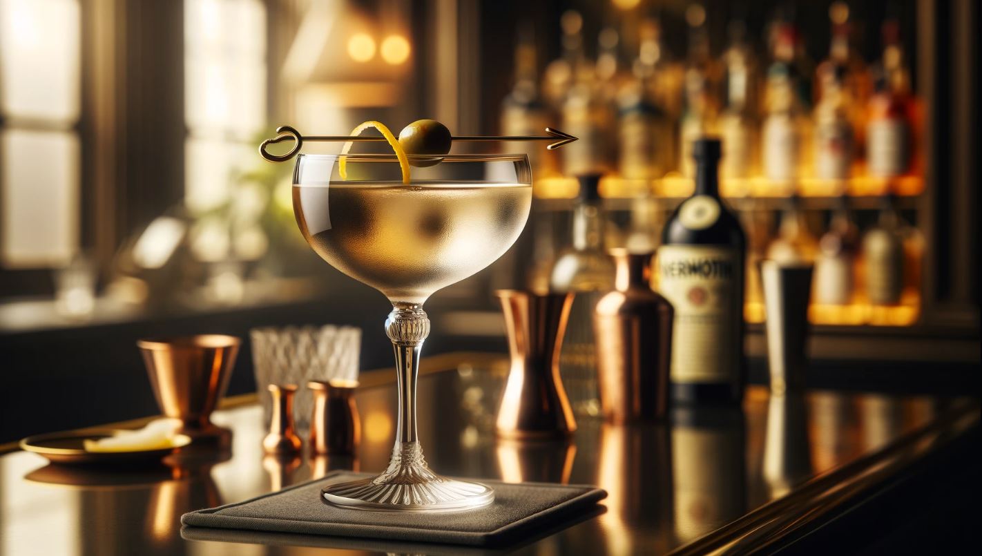 A Dry Vermouth Cocktail, elegantly served in a stemmed cocktail glass. The cocktail has a clear, pale color, characteristic of dry vermouth. It's garnished with an olive on a skewer and a twist of lemon peel, adding a touch of classic flair. The glass is set on a refined bar counter, under the soft, ambient lighting of an upscale lounge, highlighting the cocktail's delicate appearance. In the background, there are tasteful displays of vermouth bottles and sophisticated cocktail accessories, creating a scene of traditional cocktail elegance. The image captures the essence of a timeless and sophisticated cocktail experience, emphasizing the crisp and aromatic nature of the dry vermouth cocktail.