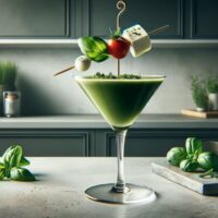 A Savory Cocktail, artistically presented in a martini glass. The cocktail is a rich, savory green, possibly hinting at ingredients like fresh herbs or green vegetables. It's garnished with a skewer holding a small cherry tomato, a piece of mozzarella, and a basil leaf, resembling a miniature caprese salad. The setting is an upscale modern kitchen with clean lines and minimalist decor. The drink is placed on a sleek, white countertop, with a few fresh herbs in small pots nearby, adding to the fresh and culinary-inspired theme of the cocktail.