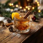 A warming winter tequila cocktail, presented in a unique glass on a cozy, wood-grained bar counter. The cocktail boasts a rich, amber color, infused with winter spices and a hint of citrus, and is garnished with a cinnamon stick and an orange peel twist, enhancing its wintery appeal. The background features a rustic bar setting, with soft, glowing lights and seasonal decorations like pine branches and subtle snow accents, creating a snug and festive atmosphere. The tequila cocktail is the focal point, with its warm hues and inviting aroma, perfectly capturing the essence of a comforting winter drink, blending the boldness of tequila with the warmth of winter flavors.