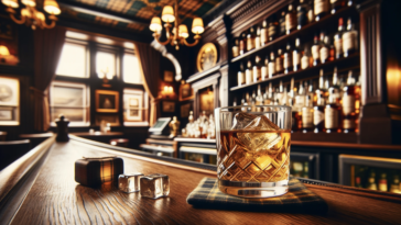 a glass of scotch whisky on a bar