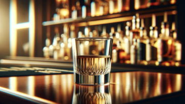 An elegant and sophisticated scene at a bar, focusing on a smooth tequila. The tequila is in a classic, crystal-clear glass, with a slightly amber hue, indicating its smooth quality. The glass rests on a polished wooden bar top, reflecting the soft, ambient lighting of the bar. In the background, there's a variety of other liquor bottles, subtly blurred to keep the focus on the tequila. The overall atmosphere is warm and inviting, with a hint of luxury and exclusivity, capturing the essence of a high-end bar experience.