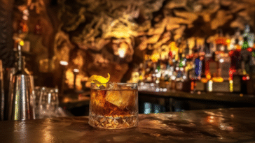 Absinthe cocktail with ice and a twist of yellow lemon peel, served in a vintage glass at a dark, classy bar with warm lighting and bottles in the background.