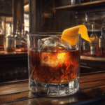 Añejo tequila cocktail in a crystal glass with a large ice cube and orange peel garnish, set on a rustic bar with bottles in a warm, moody background.