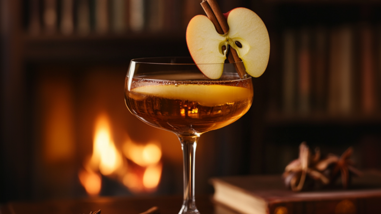 Golden apple brandy cocktail with cinnamon sticks and apple slice garnish, set in a warm, elegant library with soft lighting and a crackling fireplace.
