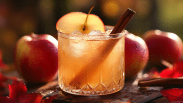 Amber applejack cocktail with cinnamon stick and apple slice garnish, surrounded by red apples and autumn leaves under the soft golden light of an orchard.