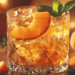 Golden apricot brandy cocktail in a crystal glass, garnished with fresh apricot slices and mint, set against a cozy bar with warm amber lighting.