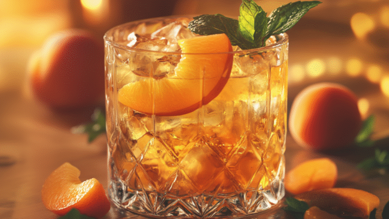Golden apricot brandy cocktail in a crystal glass, garnished with fresh apricot slices and mint, set against a cozy bar with warm amber lighting.