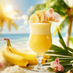 Bright yellow banana liqueur cocktail in a glass, topped with banana slices and a flower, set on a tropical beach with palm trees, orchids, and sunshine.