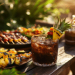 A dark brown BBQ cocktail with ice, grilled pineapple, and skewered veggies sits on a rustic table, surrounded by grilled food in a sunny backyard setting.