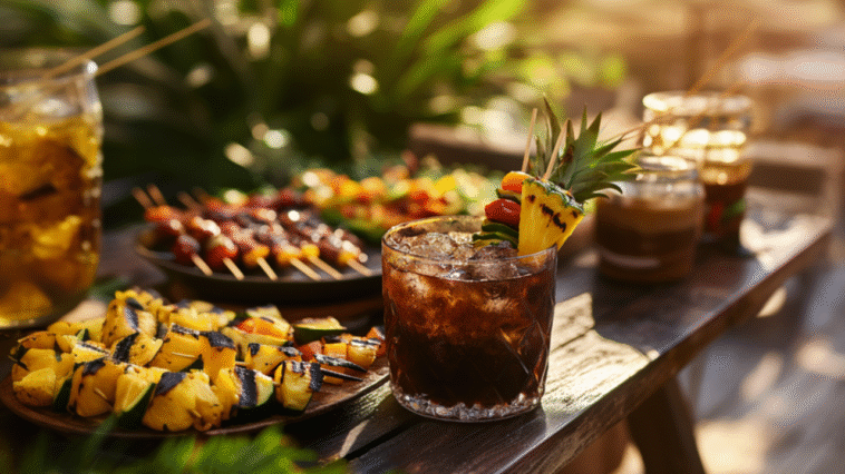 A dark brown BBQ cocktail with ice, grilled pineapple, and skewered veggies sits on a rustic table, surrounded by grilled food in a sunny backyard setting.