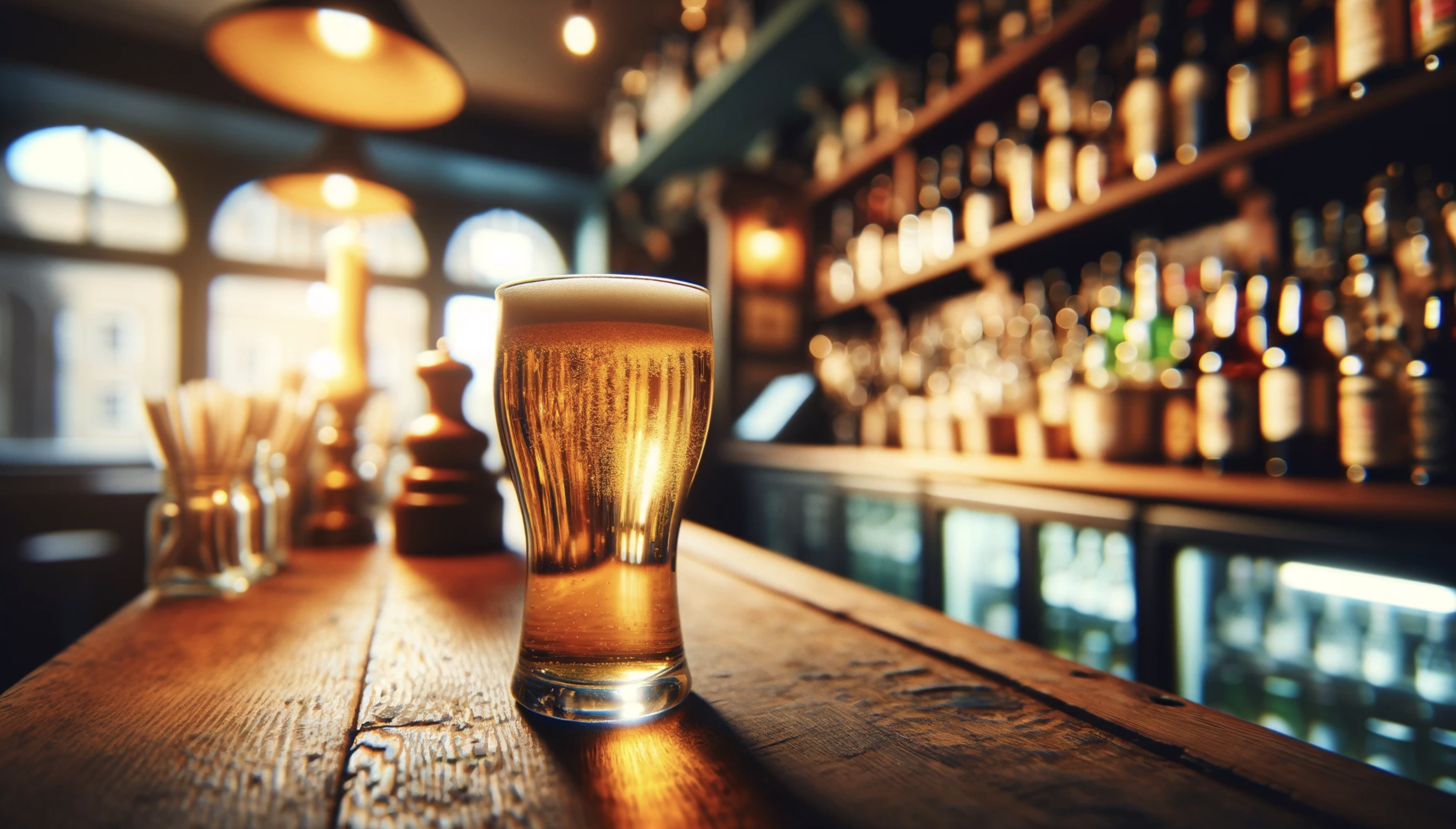 image depicting a glass of blonde ale placed on a wooden bar. The scene should be warmly lit, highlighting the golden color of the ale. The bar setting should look cozy and inviting, with soft ambient lighting. In the background, there are shelves filled with various bottles and glasses, adding to the authentic bar atmosphere. The focus is on the glass of ale, which has a perfect head of foam, and the light should create a slight glimmer on the glass. The overall mood is comfortable and relaxed, typical of a traditional pub setting.