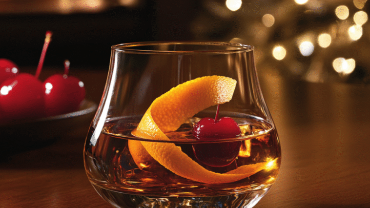 A rich amber brandy cocktail in a rounded glass, garnished with an orange twist and cherry, set in a cozy, dark wood lounge with warm, golden lighting.