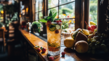 A tall British cocktail with cucumber, mint, and berries sits on a pub bar, surrounded by fresh fruit and a sunny garden view through the window.