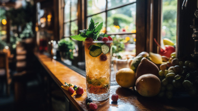 A tall British cocktail with cucumber, mint, and berries sits on a pub bar, surrounded by fresh fruit and a sunny garden view through the window.